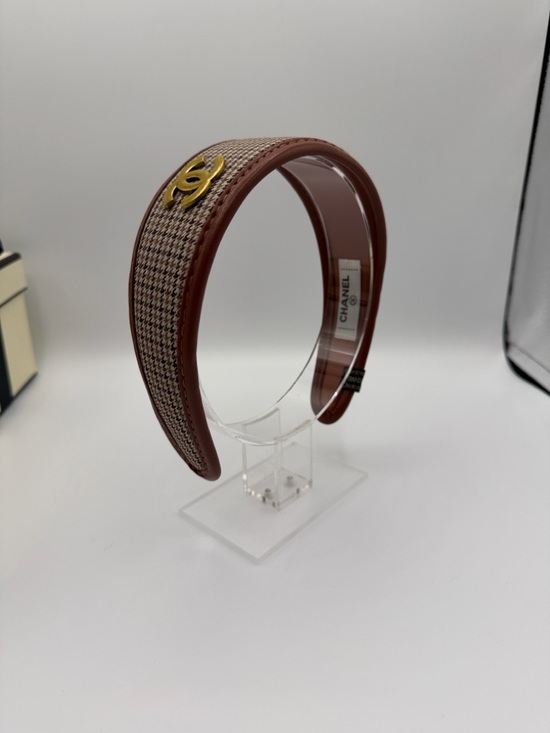 Upcycled Accessories - CHANEL Brown Tweed Headband with Gold CC Emblem